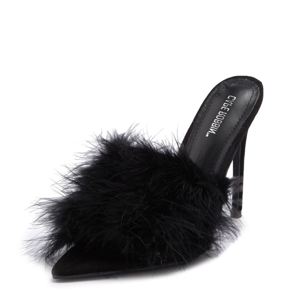 NEW🔥Feather Fur Stiletto Heel Mule Sandal PeepToe - Picture 2 of 5